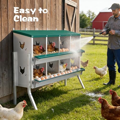 Wall Mounted Chicken Nesting Box – Weather Resistant Galvanized Steel Poultry Nest with 10 Absorbent Pads & 4 Fake Eggs, Egg Roll-Away System & Protective Lid for Coop, Barn, Backyard Hen House - size: 10 Room&Mat eggs