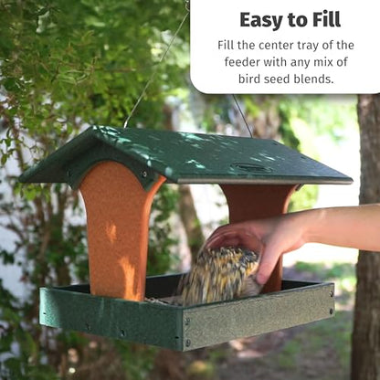 DutchCrafters Plastic Poly Covered Roof Hanging Fly Through Bird Feeder Open Side Platform Seed Tray for Outside Outdoor Garden - Amish American Made in USA (Turf Green & Cedar) - color: Turf Green & Cedar