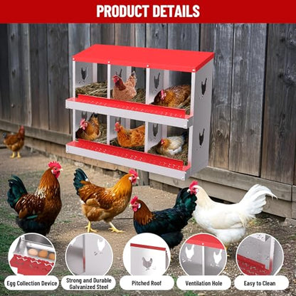 Chicken Nesting Box,6 Holes Galvanized Steel Metal Chicken Laying Box with Automatic Roll-Away Egg Collection System & Removable Tray,Wall Mount Nesting Boxes - color: Red, size: 6 Holes