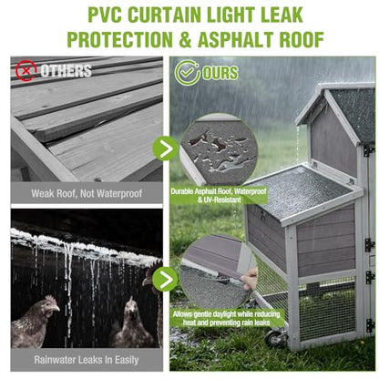 Gutinneen 77" Mobile Chicken Coop with Wheels for 4-6 Chickens, Expandable Wooden Hen House with Reinforced Nesting Box, Full-Cover UV Roof, Pull-Out Tray, Outdoor Duck Coop & Rabbit Hutch - color: (Grey-AIR27)