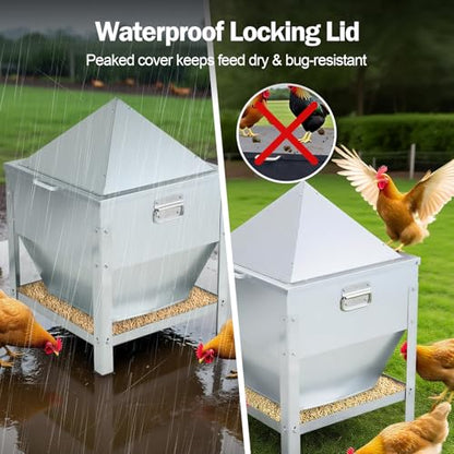 80LBS Large Metal Chicken Feeder, Galvanized Steel Gravity Chicken Feeder with 4-Sided Trough, No Waste Design, Waterproof Locking Lid, Heavy Duty Automatic Outdoor Poultry Feeder for Backyard & Farm
