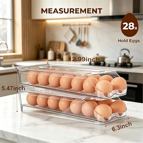 Egg Holder for Fridge,Automatic Rolling Egg Container for Refrigerator,2 Pack Clear Stackable 28-Count Egg Organizer with Lid, Fridge Organizers and Storage - size: Pack of 2
