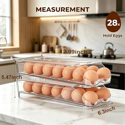 Egg Holder for Fridge,Automatic Rolling Egg Container for Refrigerator,2 Pack Clear Stackable 28-Count Egg Organizer with Lid, Fridge Organizers and Storage - size: Pack of 2