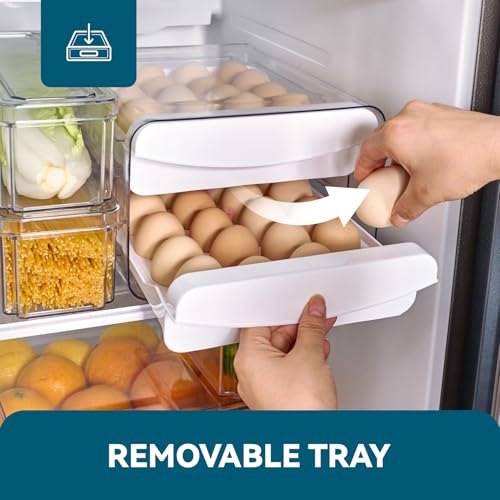 Luckore Egg Container Holders Dispenser for Refrigerator 40 Eggs, 2 Tier Clear Stackable Holder Tray with Drawer for Fridge, Storage Container with Handles for Refrigerator, Countertop