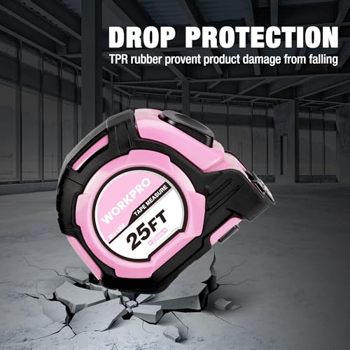 WORKPRO Pink Auto-Lock Tape Measure, 25FT 1/8 Fractions Easy Read Measuring Tape, Double Retract Measurement Tape Accuracy 1/32 for Engineer,with Magnetic Hook, Rubber Protective Casing - Pink Ribbon - color: Pink