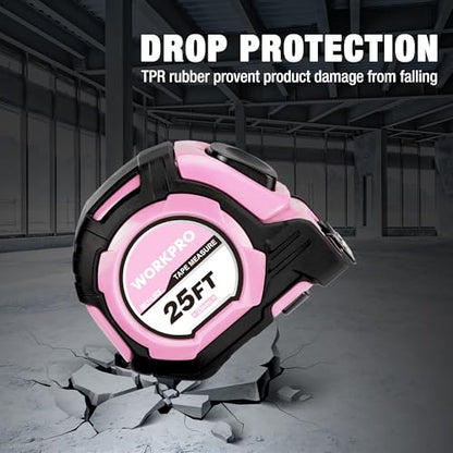 WORKPRO Pink Auto-Lock Tape Measure, 25FT 1/8 Fractions Easy Read Measuring Tape, Double Retract Measurement Tape Accuracy 1/32 for Engineer,with Magnetic Hook, Rubber Protective Casing - Pink Ribbon - color: Pink