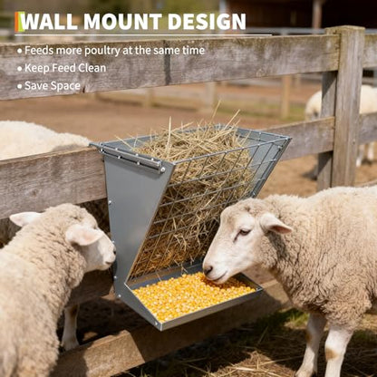 Wall Mount Hay Feeder, Heavy-Duty Galvanized Metal 2 in 1 Hay and Grain Feeder, Livestock Feeder with Adjustable Distance, Hay Feeder for Goats, Sheep, Horse，Indoor Outdoor Silver