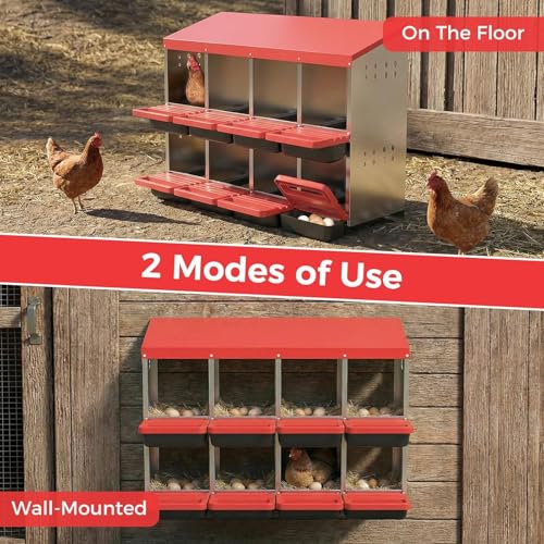 Heavy Duty Galvanized Steel Chicken Nesting Box – 8 Holes, Roll Away Egg Laying, Protective Lid, Wall Mounted or Freestanding, Easy Clean, Vented Pegboard Side, Red (Pegboard Side Design) - color: Red, size: 8 Room&Mat Board
