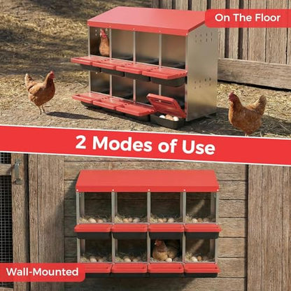 Heavy Duty Galvanized Steel Chicken Nesting Box – 8 Holes, Roll Away Egg Laying, Protective Lid, Wall Mounted or Freestanding, Easy Clean, Vented Pegboard Side, Red (Pegboard Side Design) - color: Red, size: 8 Room&Mat Board