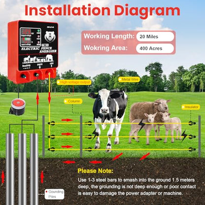 9J Electric Fence Charger Energizer, 9 Joules 20 Miles Plug-in Fencer, AC 110-240V/DC 12V, 12KV High Output Voltage, with Display Alarm and Remote, Deter Predators, Contain Cattle Horses and Livestock