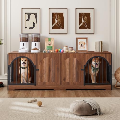 87" Extra Large Dog Crate TV Stand for 2 Dogs, Double Dog Crate with Removable Divider, Heavy Duty Wooden Dog Kennel with Arched Metal Doors & 4.3" Robot Vacuum Clearance, Ships in 2 Boxes (Walnut) - color: Walnut