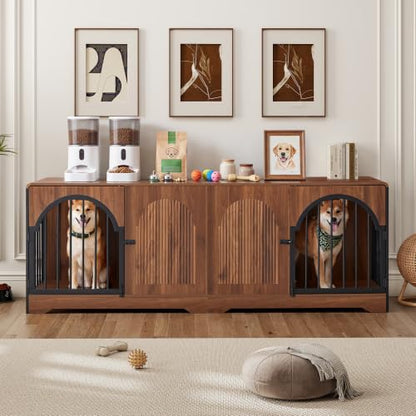 87" Extra Large Dog Crate TV Stand for 2 Dogs, Double Dog Crate with Removable Divider, Heavy Duty Wooden Dog Kennel with Arched Metal Doors & 4.3" Robot Vacuum Clearance, Ships in 2 Boxes (Walnut) - color: Walnut