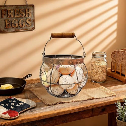TAIANLE. Wire Egg Basket for Gathering Fresh Eggs, Rustic Farmhouse Chicken Egg Collecting Basket with Handle Star Decor for Kitchen Storage Holder Organizer Easter Display Decoration