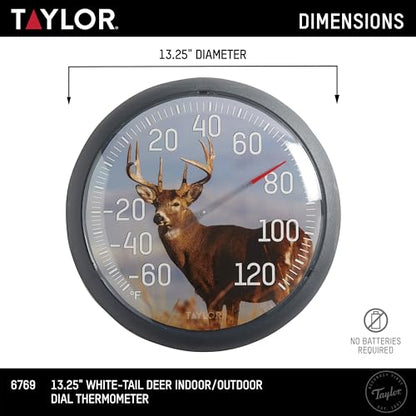 Taylor White Tail Deer Large Indoor Outdoor Dial Thermometer, Wireless Thermometer with Easy to Read Large Numbers for Patio, Pool, Garden or Garage, and Indoor Areas, 13.25-inch, White Tail Dee, Blue - style: White Tail Deer
