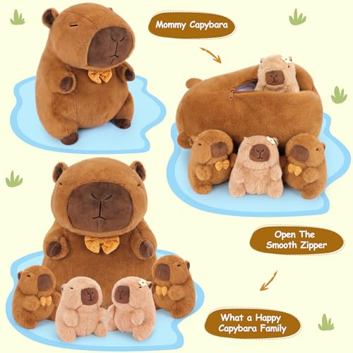 Achwishap 5PCS Capybara Plush,Capybara Stuffed Animal Mommy with 4 Capybaras Babies Plush Toy,Cute Plushie Capybaras Hugging Pillow Cuddle Plushie for Kids Girls Boys Birthday,Capy bara Family 16” - color: Brown Capybara Family-1+4