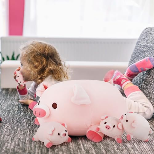 Achwishap 5PCS Pig Family,Pig Stuffed Animal Mommy with 4 Pig Babies Plush,Cute Pig Plush Pillow Cushion Doll,Kawaii Pig Plush Toy Hugging Pillow for Kids Adults Birthday Gifts(16” Pig Family) - color: Pink Pig Family-mommy and Kids