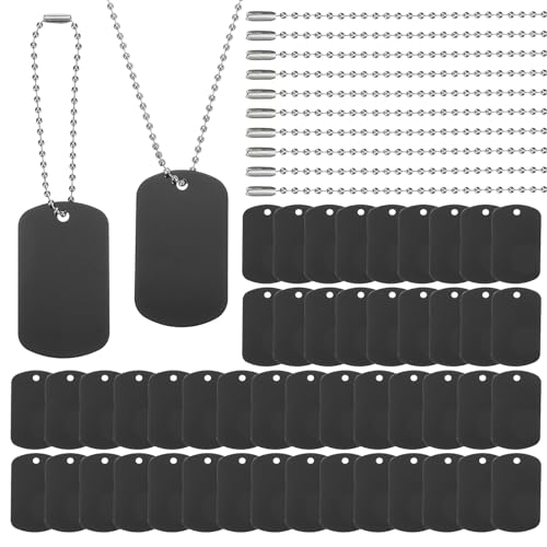 PATIKIL 100 Pcs Blank Dog Tags Set, Including 50 Pcs Aluminum Metal Stamping Rectangle Label 50 Pcs Ball Steel Chain for DIY Decor Laser Engraving Necklace, Black - color: Black