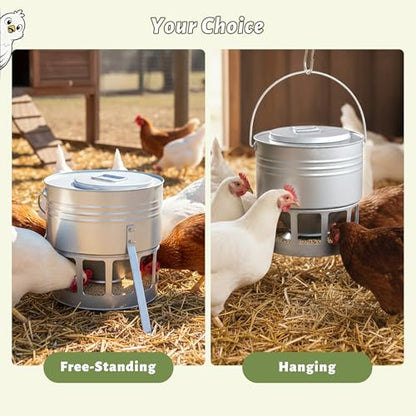 KOL Metal Chicken Feeder - 20lbs No Waste Chicken Feeder with 12 Ports, Powder Coated Rust-Proof Design & Smooth Edges for Safe Feeding (Silver) - color: Silver