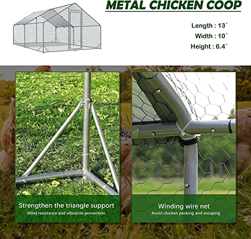 Large Metal Chicken Coop Run, 13.1x9.8x6.4FT Outdoor Walk-in Poultry Cage Hen Playpen House with Waterproof Cover and Lockable Door for Outdoor Yard Farm
