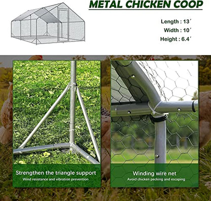 Large Metal Chicken Coop Run, 13.1x9.8x6.4FT Outdoor Walk-in Poultry Cage Hen Playpen House with Waterproof Cover and Lockable Door for Outdoor Yard Farm