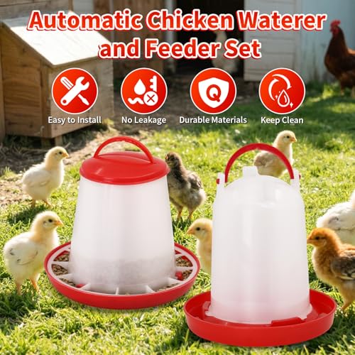 Hanging 1.5kg Chicken Feeder and 1.5L Chicken Waterer Set Kit,No Waste Plastic Automatic Chicken Feeder Waterer for Small Poultry Chicks,Quails and Birds, Outdoor Farm Equipment
