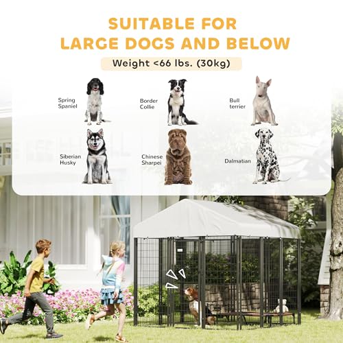 PawHut Outdoor Dog Kennel with Roof, 6' x 6' x 6' Heavy Duty Welded Wire Dog Playpen Enclosure with Escape-Proof Lock, UV-Resistant & Waterproof Cover, for Large Dogs, Chickens, Ducks, Silver - size: 71.3"L x 71.3"W x 72.0"H, style: Single Room