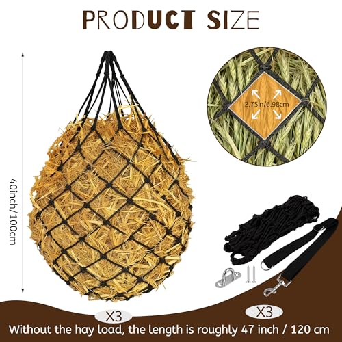 3 Pcs 47" Large Heavy Duty Hay Nets for Horses,Slow Feed Hay Bags for Horses – Hanging Hay Net Feeder with Straps & Hooks for Stall, Fence, Trailer, Goats & Sheep