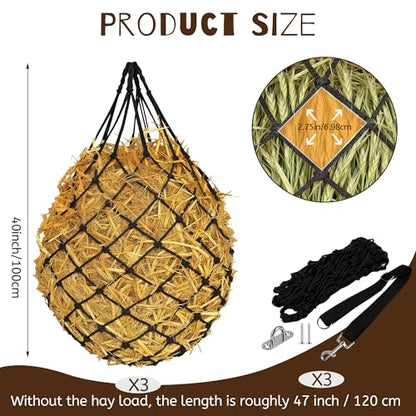 3 Pcs 47" Large Heavy Duty Hay Nets for Horses,Slow Feed Hay Bags for Horses – Hanging Hay Net Feeder with Straps & Hooks for Stall, Fence, Trailer, Goats & Sheep