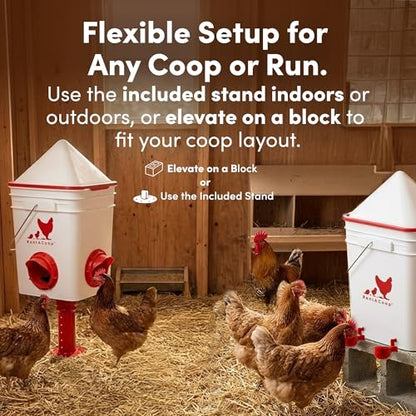 RentACoop Chicken Feeder & Waterer Set– 25lb No-Waste Feeder with 4 Large Ports + 5-Gallon Waterer with Auto-Fill Cups & Horizontal Nipples – BPA-Free, Anti-Roost Cone, Adjustable Stands