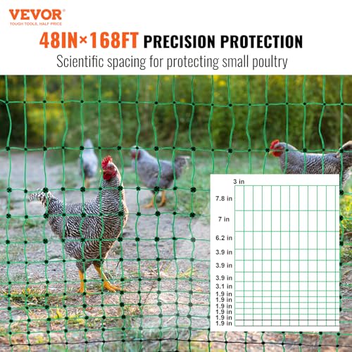 VEVOR Electric Poultry Netting, 48" H x 168' L, PE Net Fencing Kit with Posts & Double-Spiked Stakes, Utility Portable Mesh for Chickens, Ducks, Geese, Rabbits, Used in Backyards, Farms, and Ranches - size: 48in*168ft, style: Poultry
