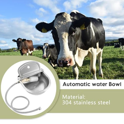 NATGAI Automatic Waterer Bowl with Float Valve and Braided Hose | Stainless Steel Stock Waterer Horse Cattle Goat Sheep Dog Bowl for Livestock Dog Goat Pig(with Drainage Hole)