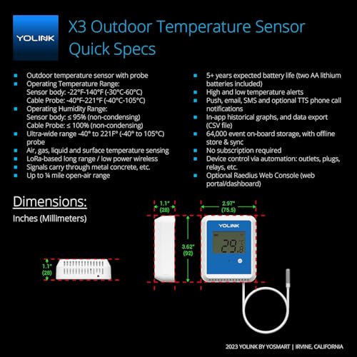YoLink Smart X3 Version Outdoor Temperature Data Logger with Probe, Thermometer, 1/4 Mile Range, 5+ Years Battery Life, Emails, Text, App Alerts, Alexa, IFTTT. Pool, Hot Tub, Fish Tank. Hub Required! - size: 5-Year Battery
