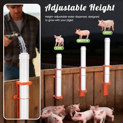 Hanging Vertical Pipe Waterer with Steel Nipples Adjustable Height | Easy Mounting Automatic Pig Waterer for Pigs & Other Livestock, Durable PVC Material, 9l Large Capacity