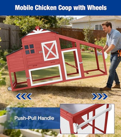 Mobile Chicken Coop with Run Outdoor Hen House with Slide-Out Tray Waterproof Roof Large Nesting Box 2 Perches Non-Slip Ramp Red - color: 73.4“L Red & White