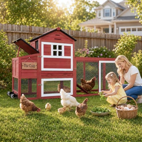 Chicken Coop with Wheels for 4-6 Chickens, Mobile Hen House with Run, Outdoor Chicken Coop, Ventilated Window, Easy-Clean Nesting Box, Weatherproof Asphalt Roof, 82.7” L x 25.6” W x 44.1” H, Red - color: Red