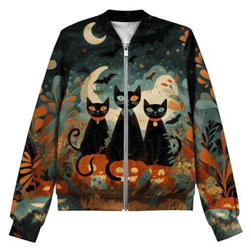 Vintage Fall/Winter Casual Animal Print Graphic Coat Women's Basic Crew Neck Long Sleeve Fashion Bomber Jacket - color: Cat Black, size: Small