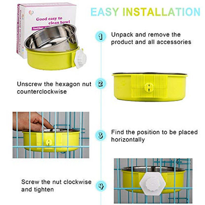 Crate Dog Bowl Removable Stainless Steel Water Food Feeder Bowls Cage Coop Cup for Cat Puppy Bird Pets (Large, Green)