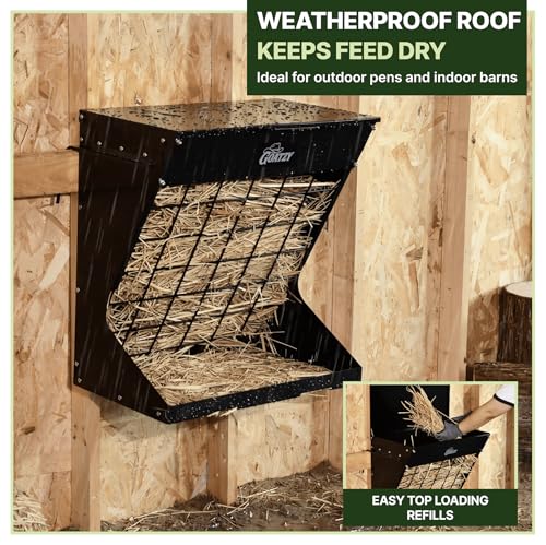 Wall Mount Hay Rack And Hay Feeder For Goats Sheep And Horses, Covered Galvanized Steel Goat Hay Feeder With Hinged Roof, 25 Gallon 2-In-1 No Waste Hanging Holder Grain Bin with hook For Cattle - color: Black
