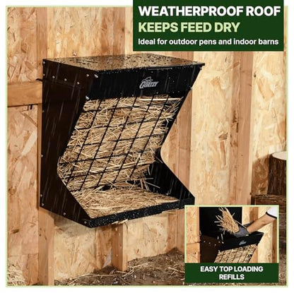 Wall Mount Hay Rack And Hay Feeder For Goats Sheep And Horses, Covered Galvanized Steel Goat Hay Feeder With Hinged Roof, 25 Gallon 2-In-1 No Waste Hanging Holder Grain Bin with hook For Cattle - color: Black