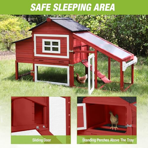 GUTINNEEN Chicken Coop Mobile Hen House Wooden with Run Poultry Cage with Nesting Box,Red - color: Red