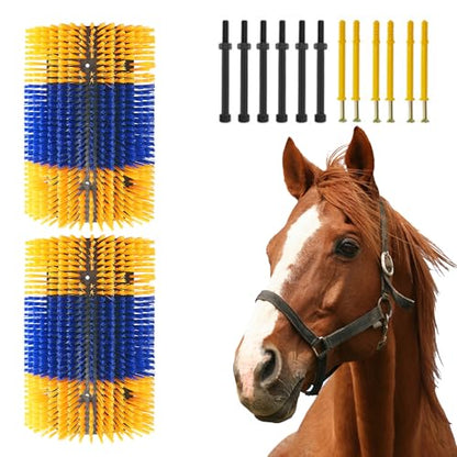 Livestock Scratching Brush 2 Pcs, Heavy Duty Horse Brush with Mounting Screws, Itch Relief & Grooming for Cattle Goat Pig Cow, Farm Animal Back Scratcher, Blue & Yellow - color: Blue yellow 2