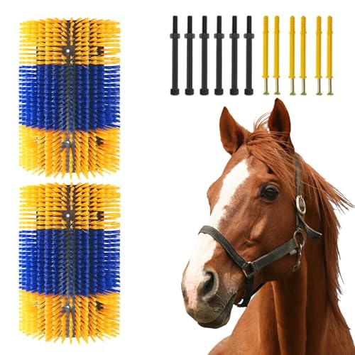 Livestock Scratching Brush 2 Pcs, Heavy Duty Horse Brush with Mounting Screws, Itch Relief & Grooming for Cattle Goat Pig Cow, Farm Animal Back Scratcher, Blue & Yellow - color: Blue yellow 2