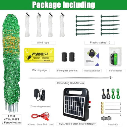 47"x164' Portable Electric Fence Netting & 0.25J Solar Energizer All-in-One Kit for Goats, Sheep, Gardens, Beehives, Dogs, and More for Livestock, Farms, Backyards and Ranches