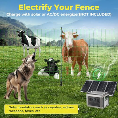 Electric Fence Netting, 164'L x 49.6" H, Portable Electric Fence for Livestock, Goat, Cattle, Sheep, PE Net Fencing Kit for Backyards, Ranches, Farms, Patio, Goat Fencing with 14 Posts Double Spiked