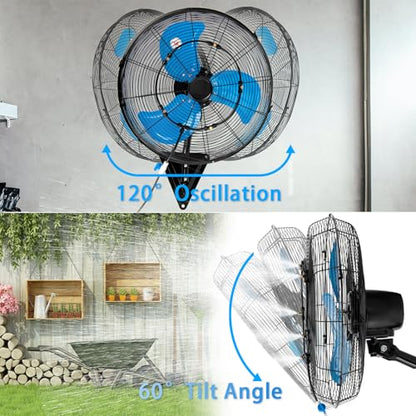 20 Inch Wall Mount Fan with Mist, Powerful Airflow Oscillating Fans | Max 7100CFM Heavy Duty Industrial Wall Mounted Fan with 17.5FT Misting Hose for Garage, Factory, Patio, Greenhouse, Porch - color: 20" Blue-Misting
