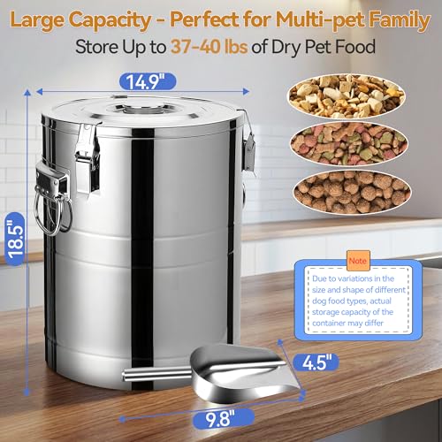 Newget 40 Lbs Stainless Steel Dog Food Storage Container, Large Airtight Pet Food Storage Bin with Lid to Keep Fresh, Metal Container with Scoop for Dog, Cat, Bird Seed, Rice, Grain & Kitchen Pantry - size: 40 lbs