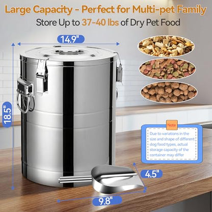 Newget 40 Lbs Stainless Steel Dog Food Storage Container, Large Airtight Pet Food Storage Bin with Lid to Keep Fresh, Metal Container with Scoop for Dog, Cat, Bird Seed, Rice, Grain & Kitchen Pantry - size: 40 lbs