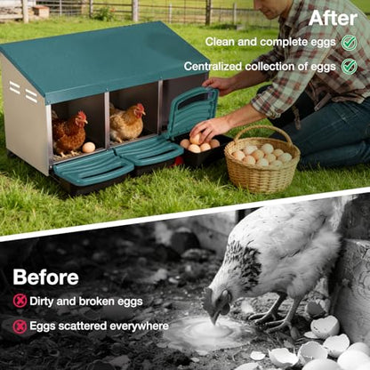 Chicken Nesting Boxes, 3 Compartments Egg Collection with Removable Drawer, Chicken Metal Laying Nest Box for Hens, Easy to Assemble, for Chicken Coop, Green - color: Green