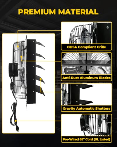 VENTISOL 20 Inch Shutter Exhaust Fan Wall Mounted, 3500CFM Exhaust Fan with Pre-Installed 1.65m Power Cord, Ventilation fan for Greenhouse, Garages, Attic, Shops, Chicken Coop, Black - size: 20 Inch