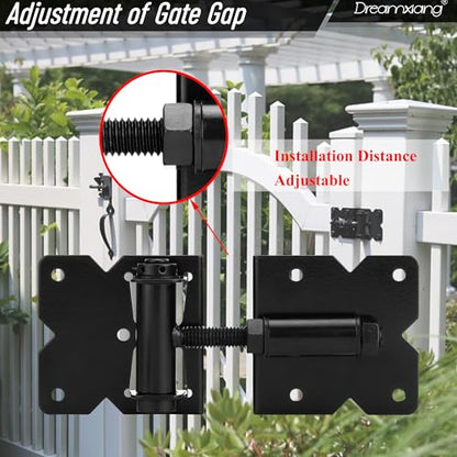 Heavy Duty Self Closing Gate Hinge and Self Locking Latch Hardware Kit for Wooden/Vinyl Fence, Stainless Steel 90 Degree Adjustable Hinges&Post Mount Automatic Gate Lock, Black Finish,1Pack